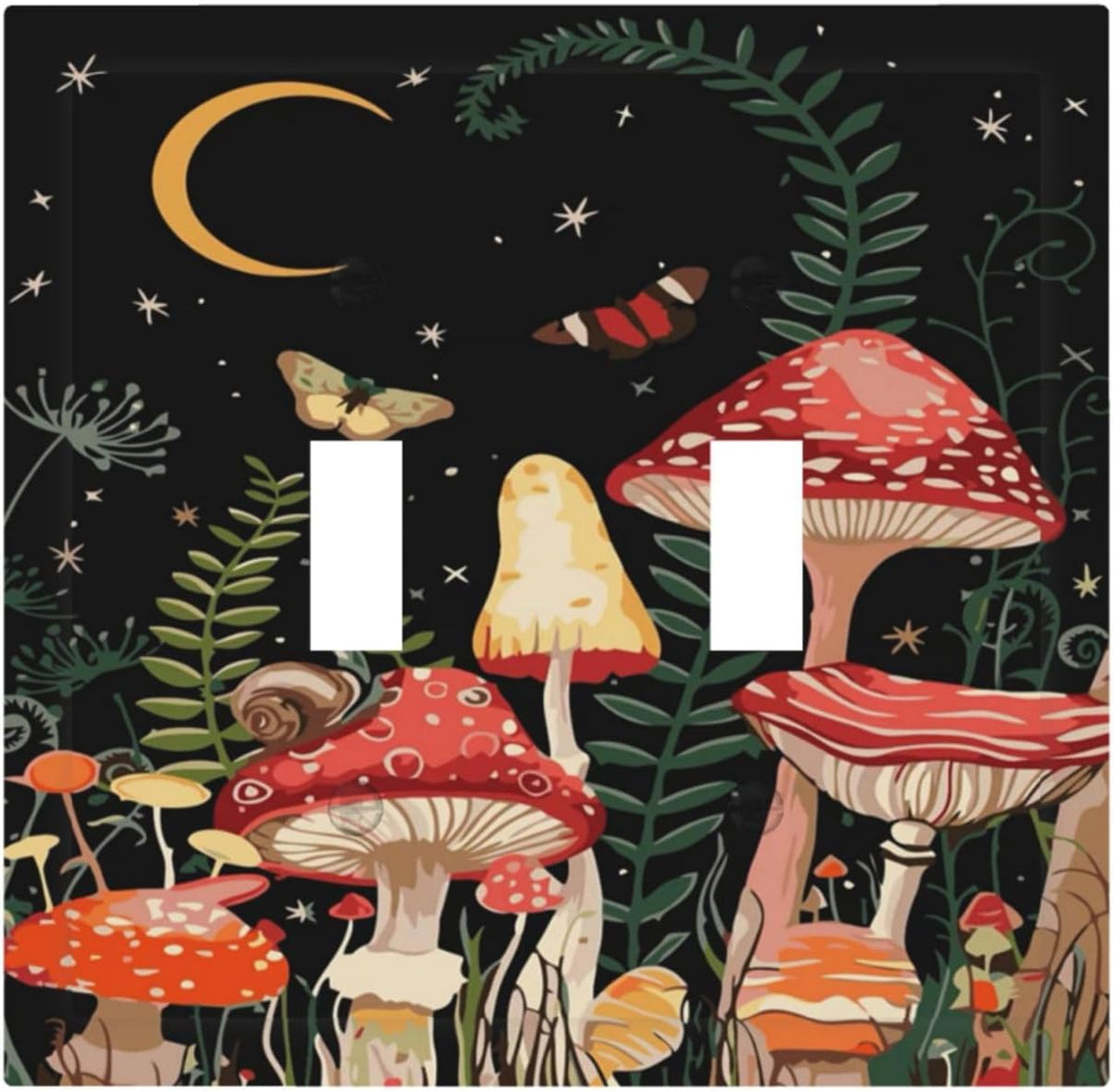 Moon Star Red Mushroom Forest Butterfly Green Plant Decorative Switch Plates 2 Gang Double Toggle