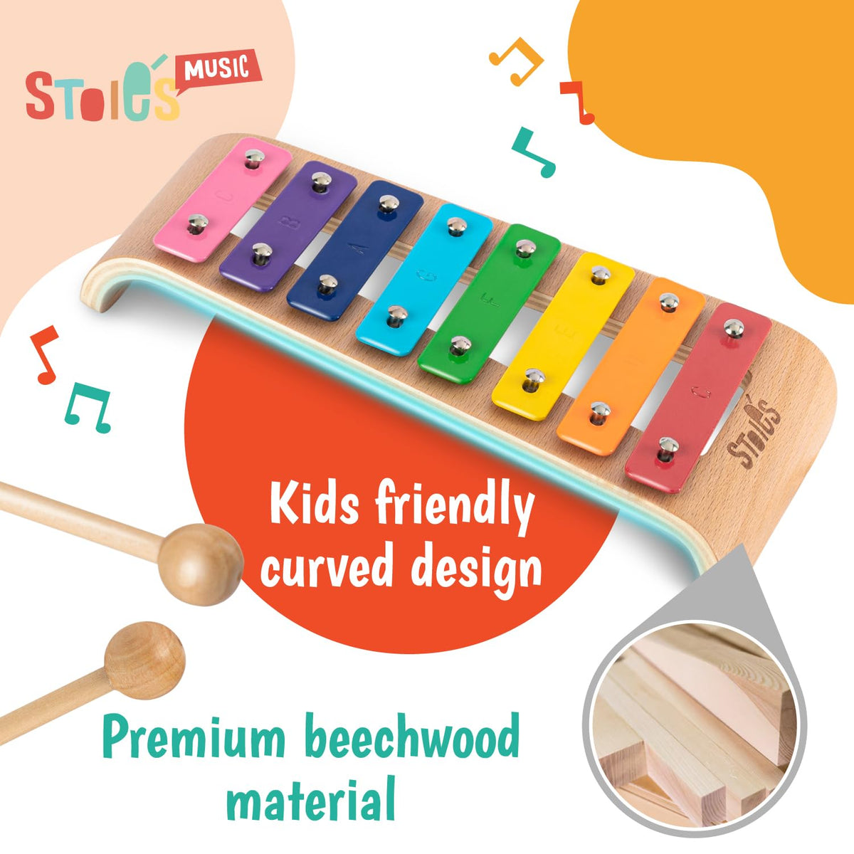 Stoie's Wooden Xylophone for Kids and Toddlers, Curved Design, 8 Notes of Rainbow Color, Tuned