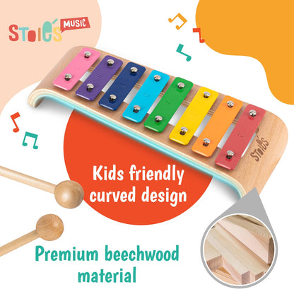 Stoie's Wooden Xylophone for Kids and Toddlers, Curved Design, 8 Notes of Rainbow Color, Tuned
