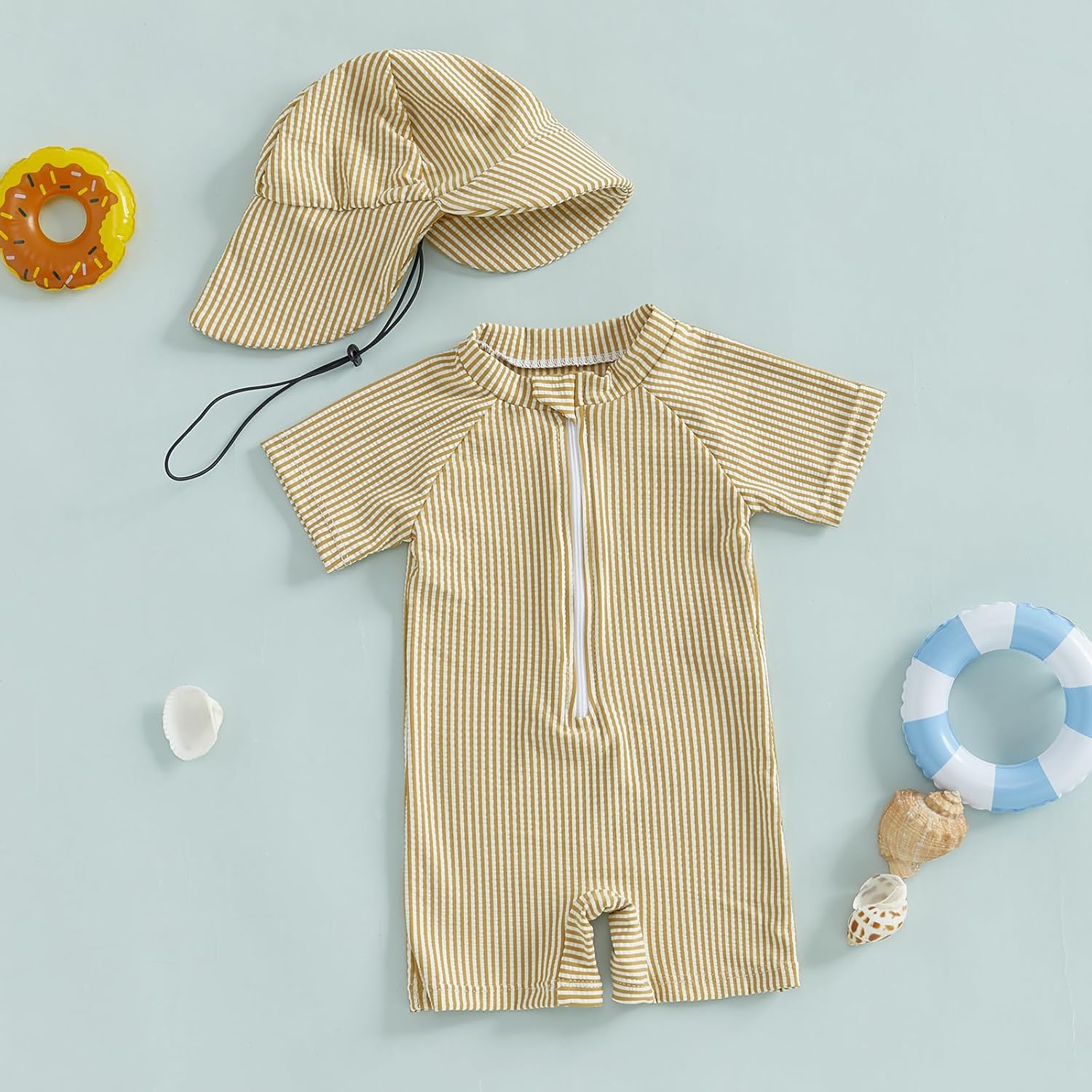 Toddler Baby Boys Seersucker Short Sleeve One Piece Rash Guard Swimsuit Zipper Bathing Suit