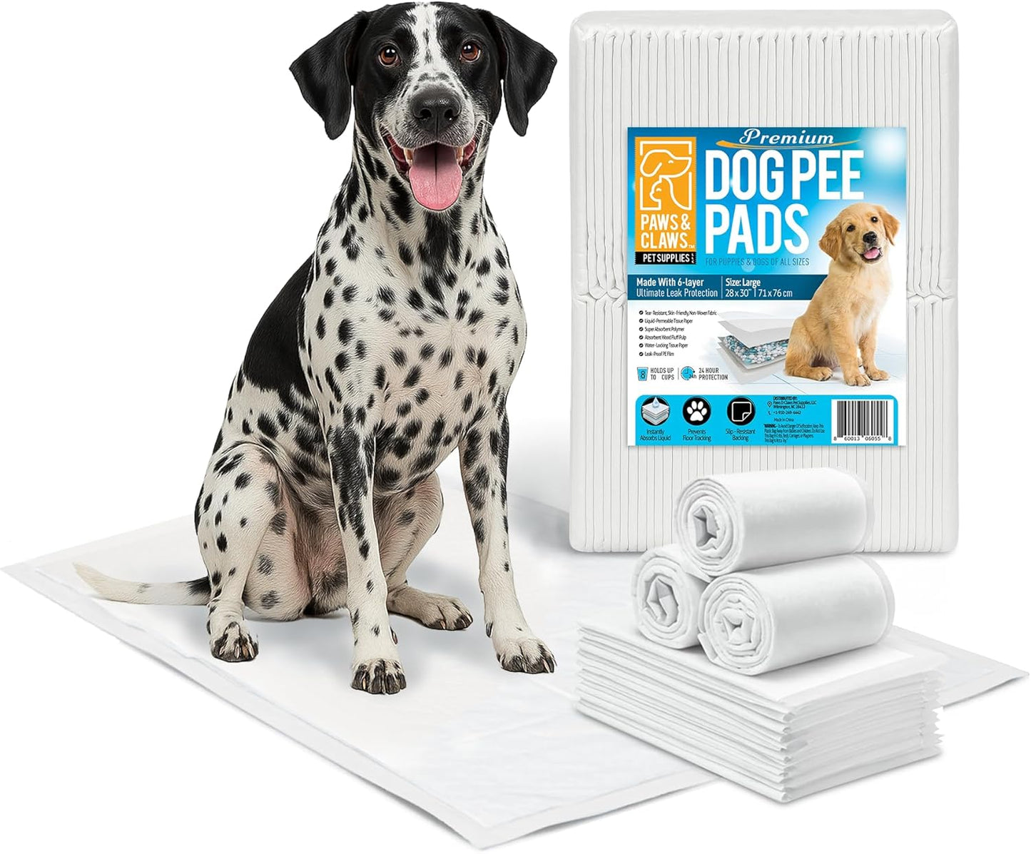 Paws & Claws Premium Disposable Dog Pee Pads, Large 28"x30", 40-Count – 6-Layer Leak-Proof, (Holds