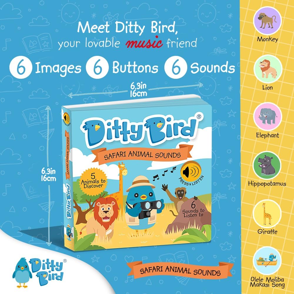 Ditty Bird Safari Book for Toddlers | Realistic Animal Sound Book | Interactive Safari Board Books