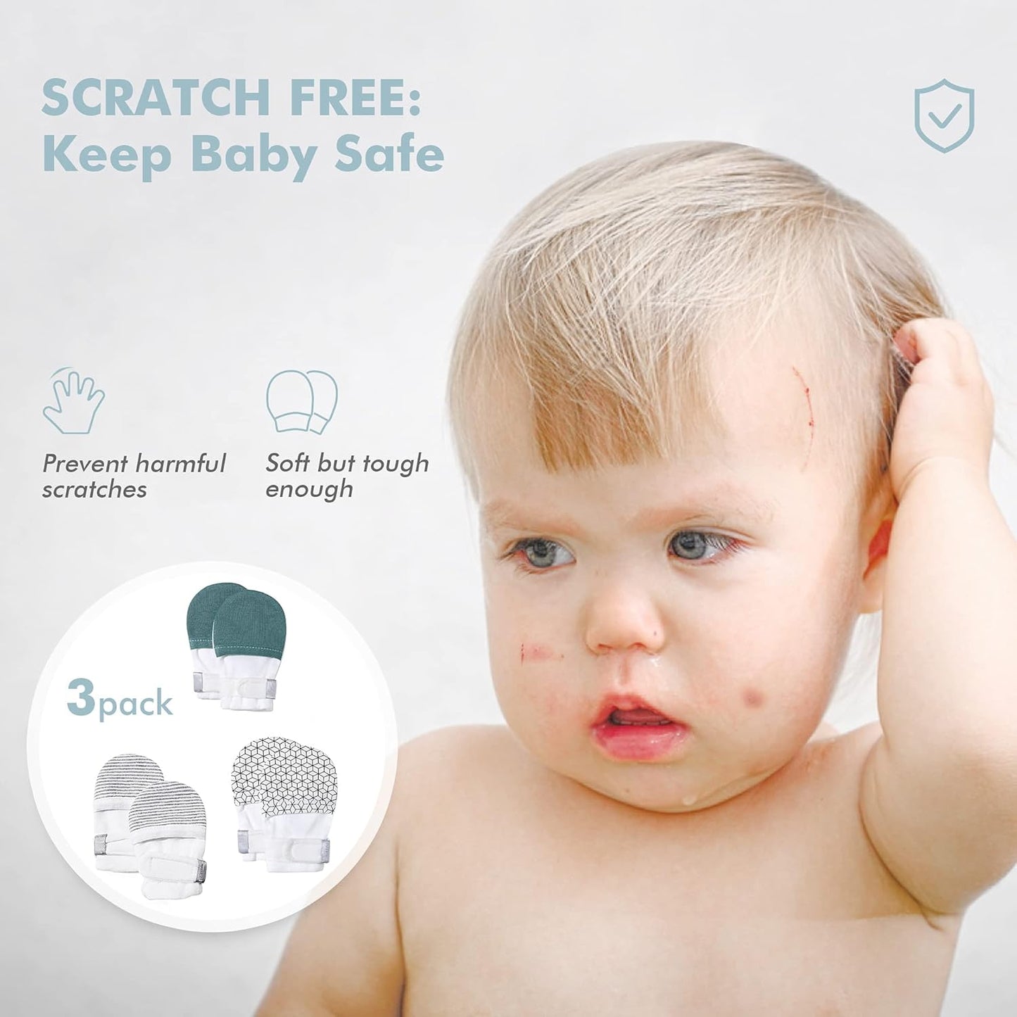 HAPIU Baby No Scratch Mittens Stay On, 100% Cotton Breathable, Adjustable Infant Gloves for Boys