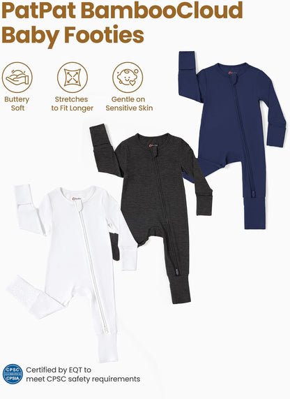 PATPAT Baby Footies Boys Girls - Bamboo Viscose - Zipper & Non-Slip Soles Romper Mitten - Footed &