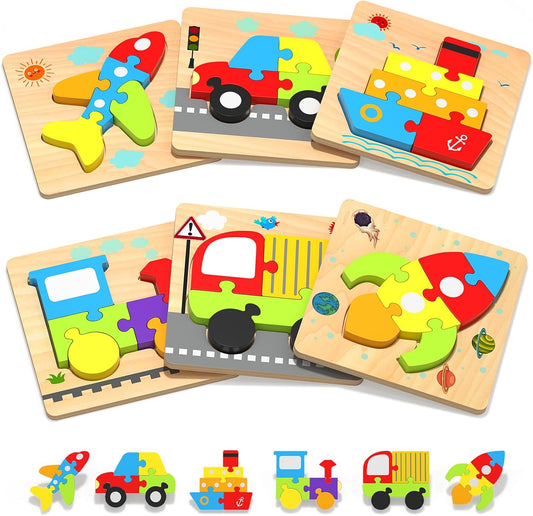 Yetonamr Wooden Toddler Puzzles Gifts Toys for 1 2 3 Years Old Boys Girls, 6 Vehicle Shape