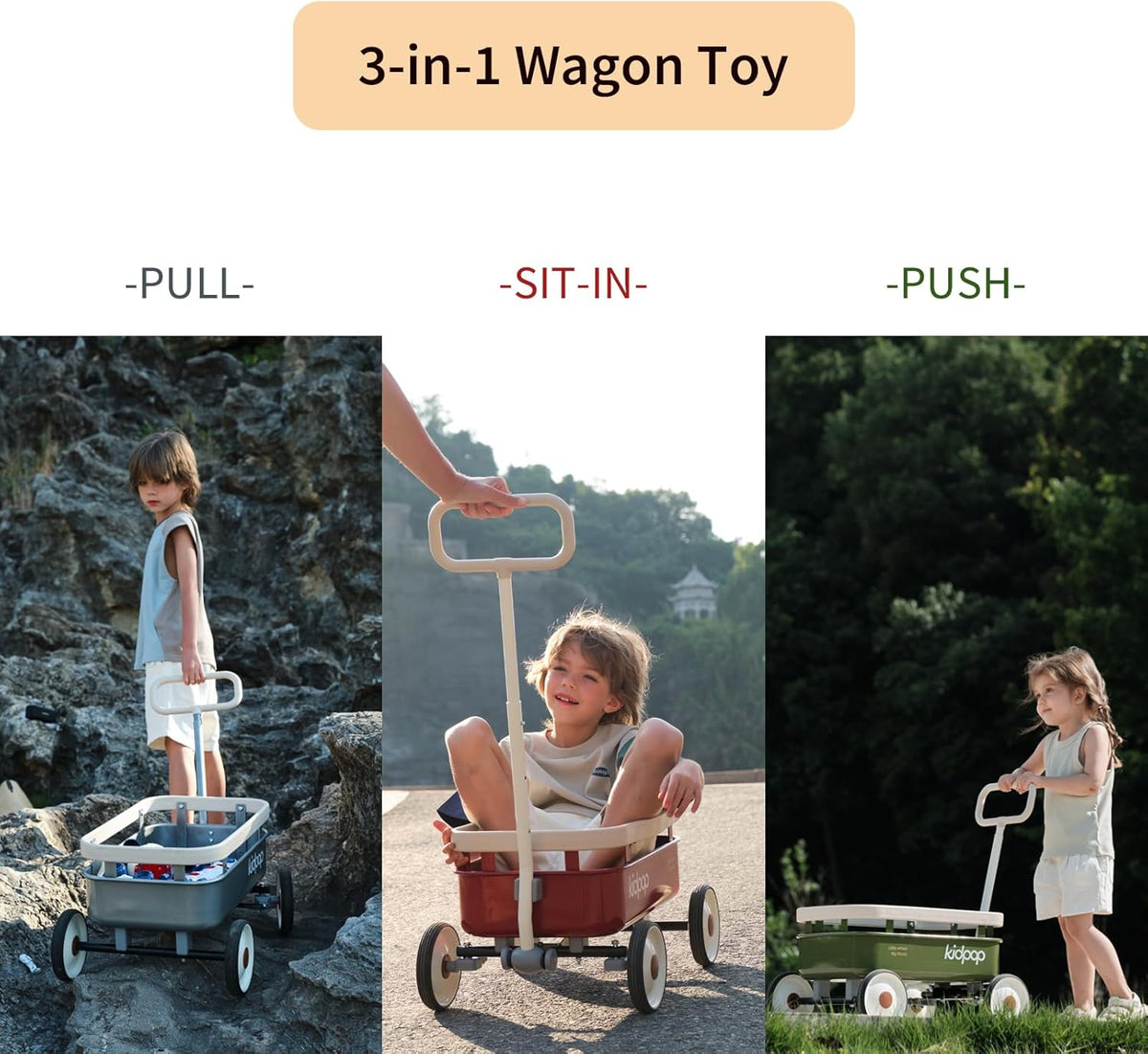 PULA-Wild 3-in-1 Kids' Pull-Along Wagon Toddlers Push Walker for 2.5-8, Removable Wooden Cover and