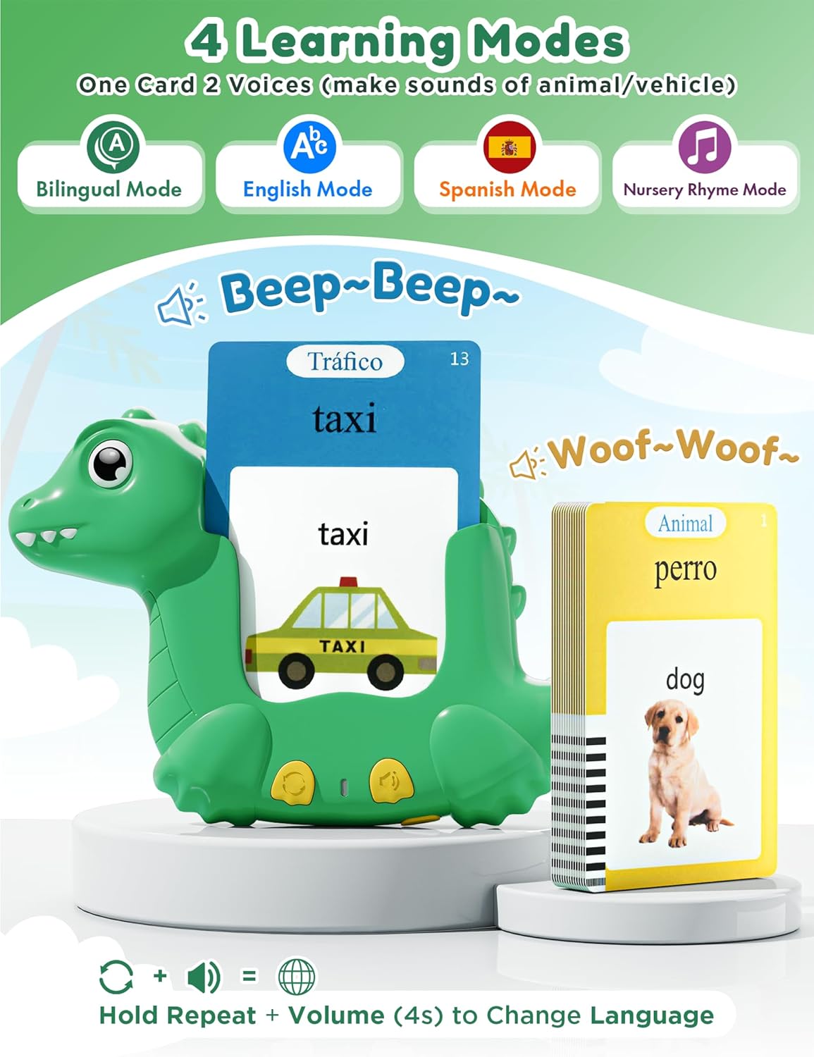 Spanish and English Talking Flash Cards for Toddlers with 510 Sight Words, Dinosaur Shaped