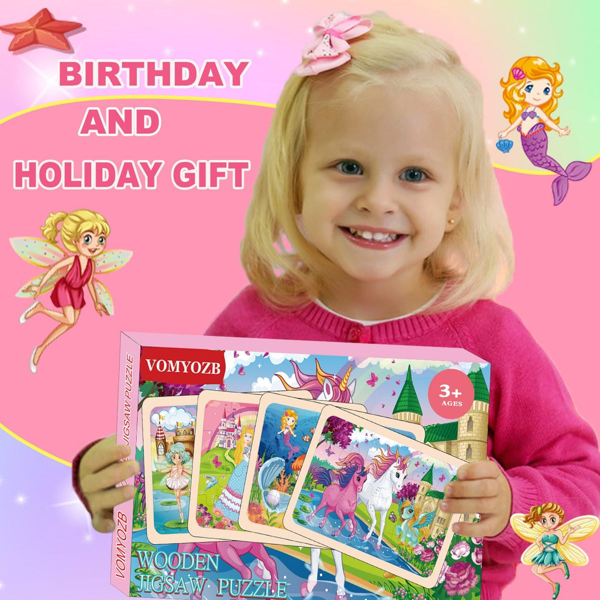 Wooden Puzzles for Kids Ages 4-6, 4 Packs 24 PCs Unicorn Mermaid Princess Fairy Jigsaw Puzzles