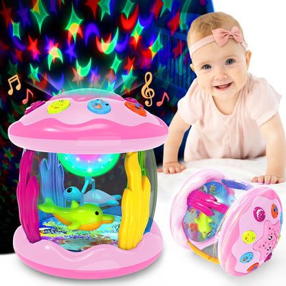 Baby Toys 6-12 Months - Musical Light Up Rotating Toys, Pink Ocean Projector for Infant 9-12-18