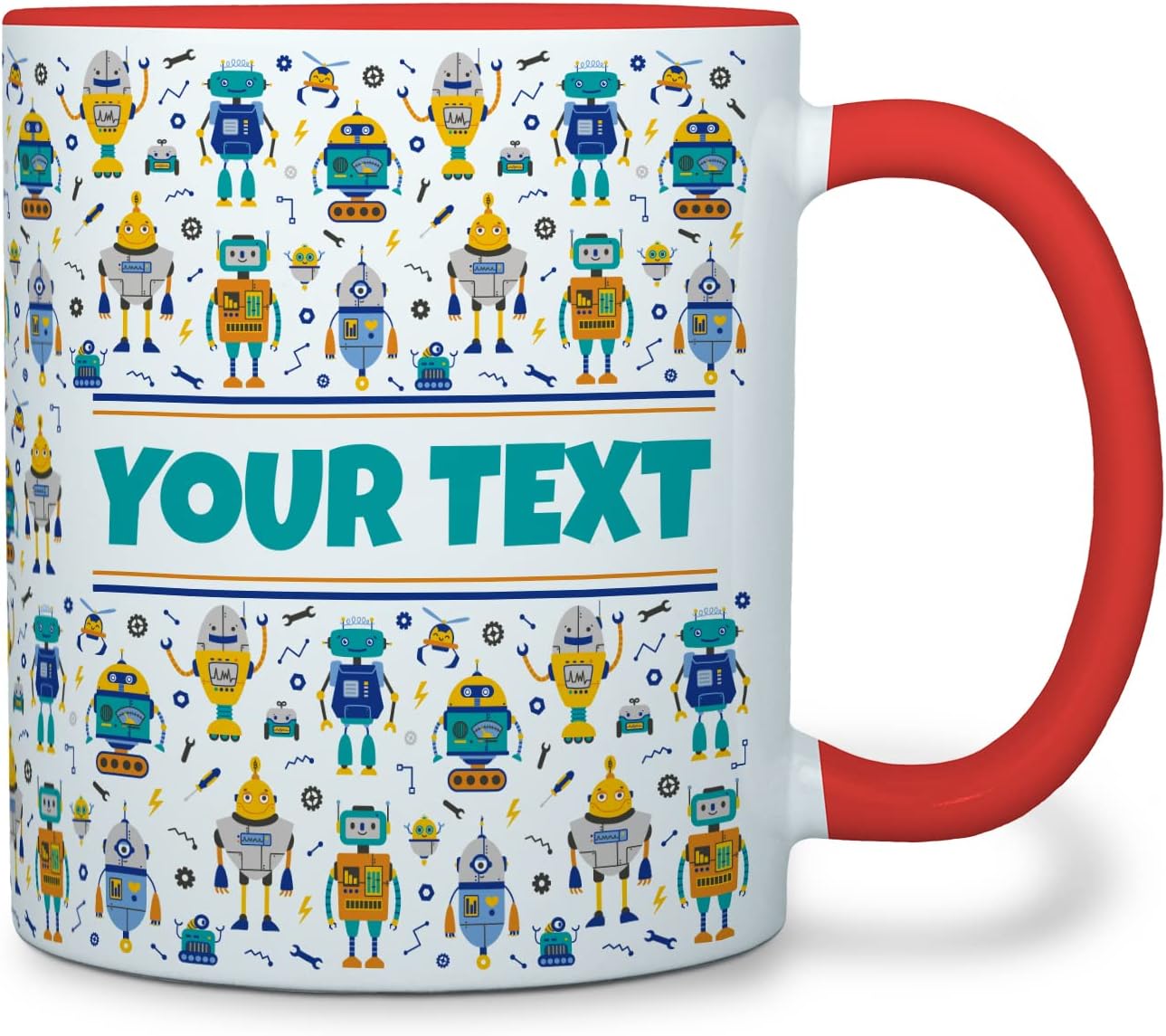 Personalized Mug for Kids - Robots - Custom Name/Text, Ceramic Hot Chocolate/Cocoa/Coffee Cup for