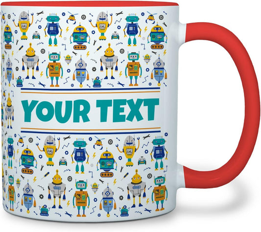 Personalized Mug for Kids - Robots - Custom Name/Text, Ceramic Hot Chocolate/Cocoa/Coffee Cup for