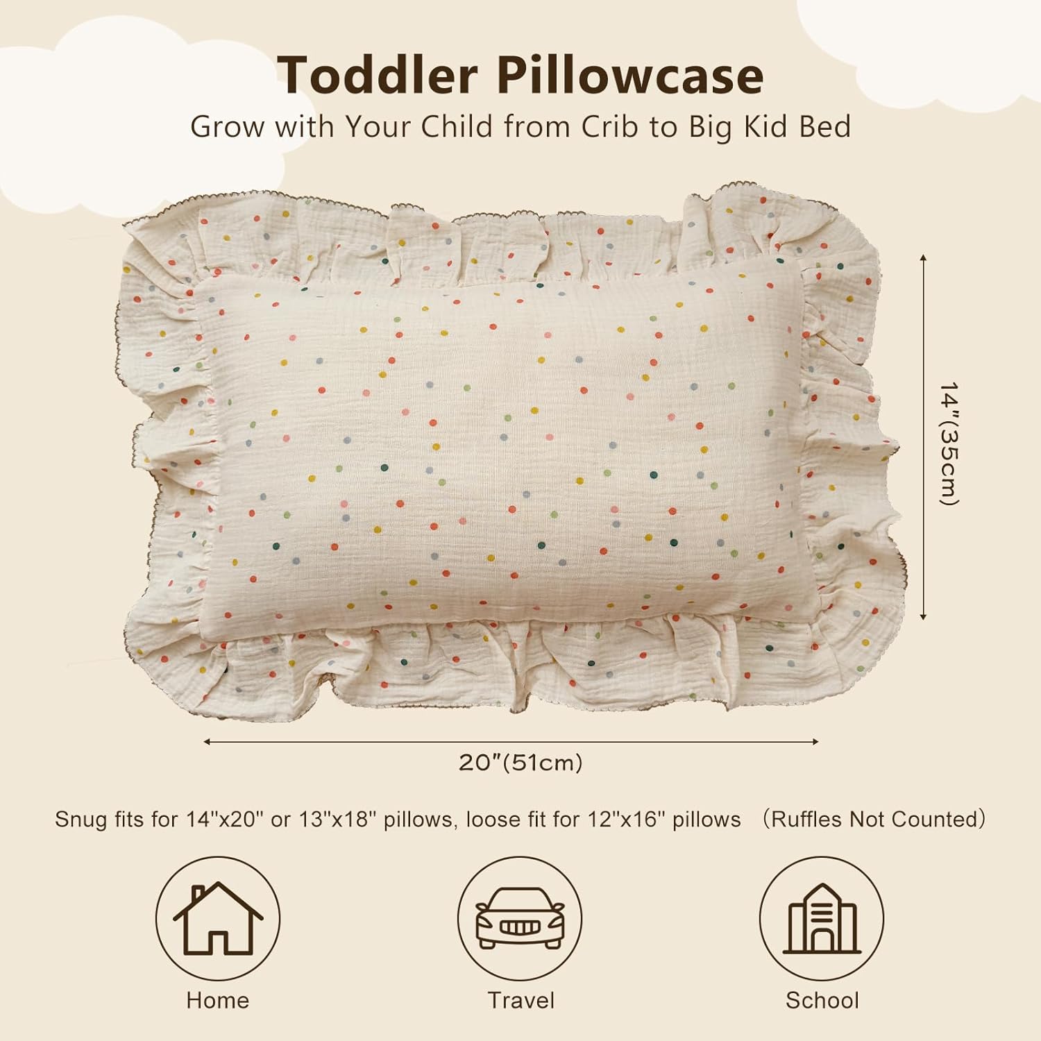 BuLuTu Kids Toddler Pillowcases Muslin Cotton Toddler Pillow Cases Colorful Dots Pattern, Girls