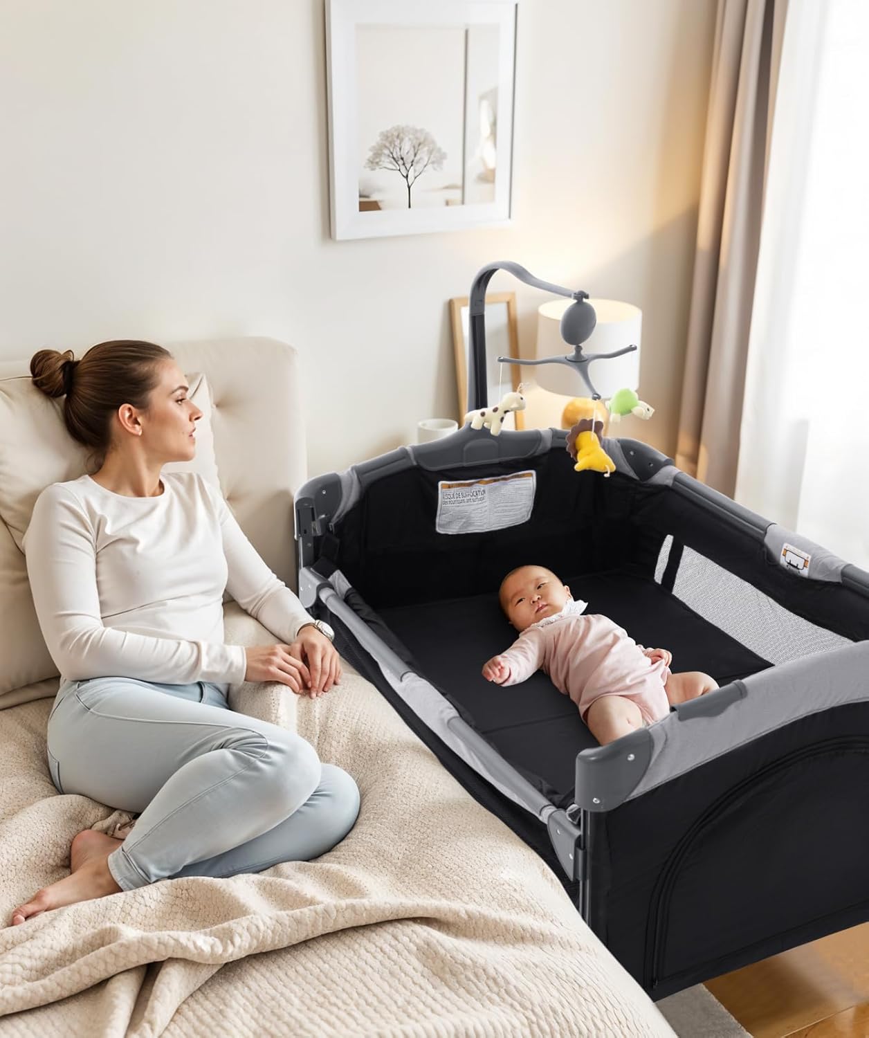 5 in 1 Baby Crib,Bedside Sleeper Bassinet,Pack and Play with Bassinet and Changing Table,Portable