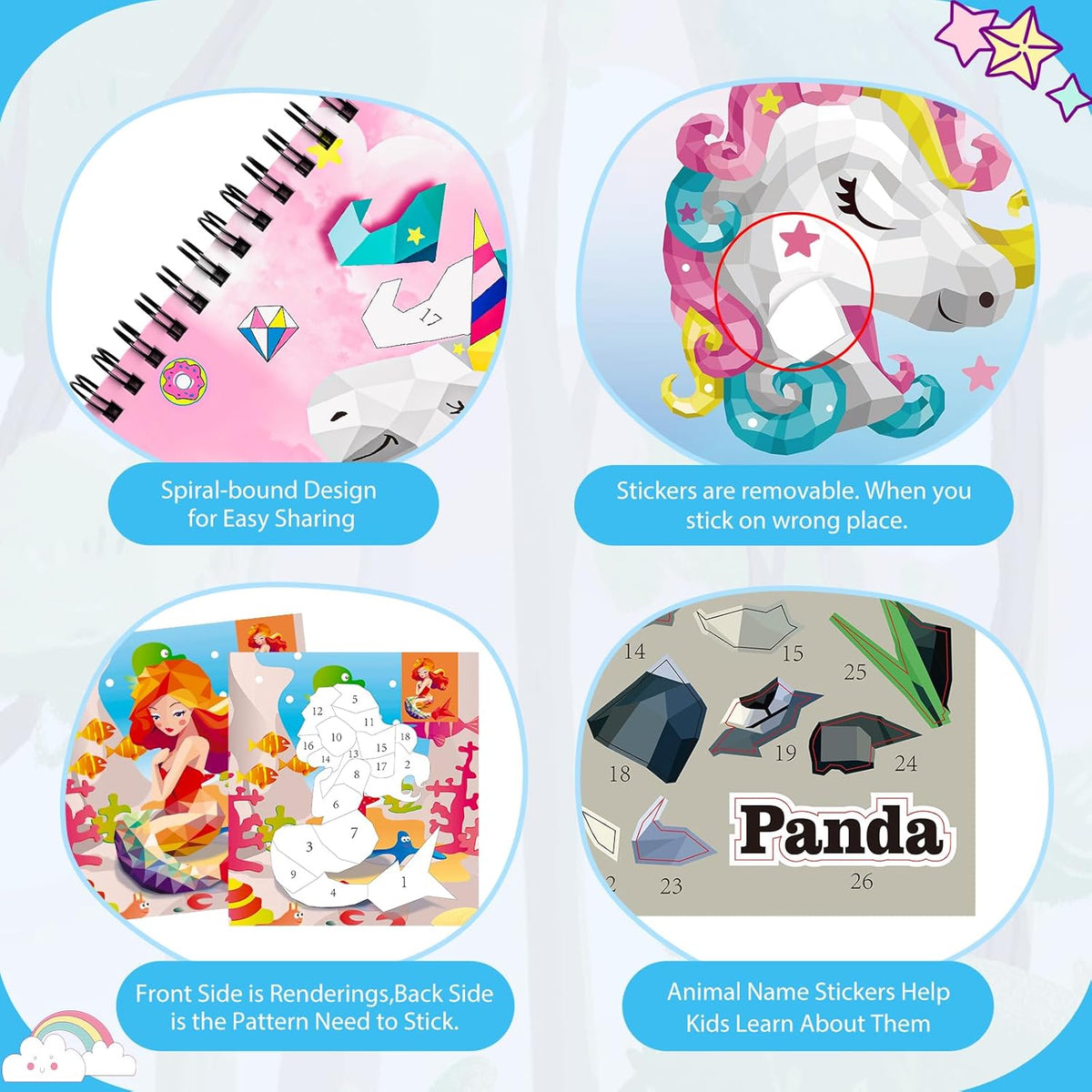 homicozy 4PCS Sticker Paint Books for Kids Ages 4-10,Unicorn Mermaid Animals Designs Paint by