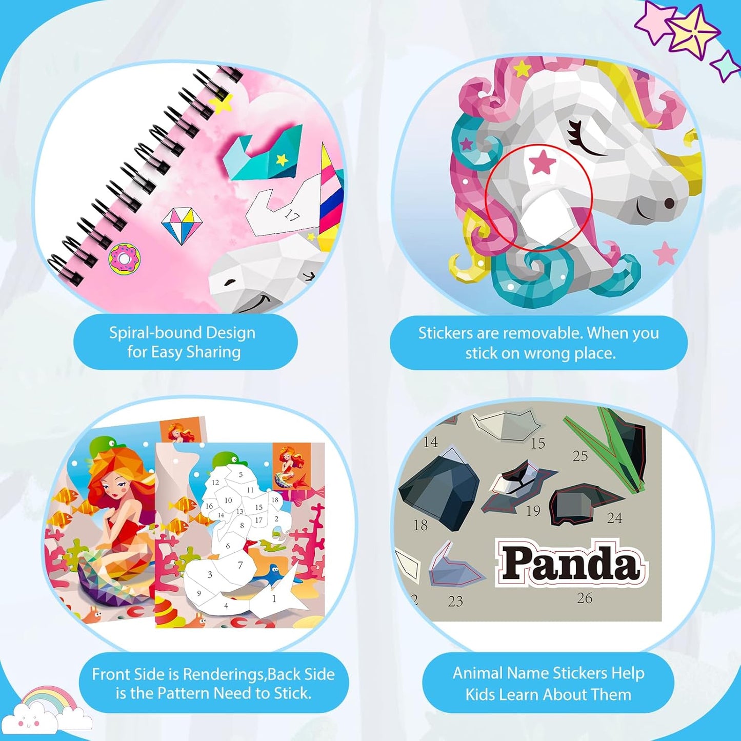 homicozy 3PCS Sticker Paint Books for Kids Ages 4-10,Unicorn Mermaid Animals Designs Paint by