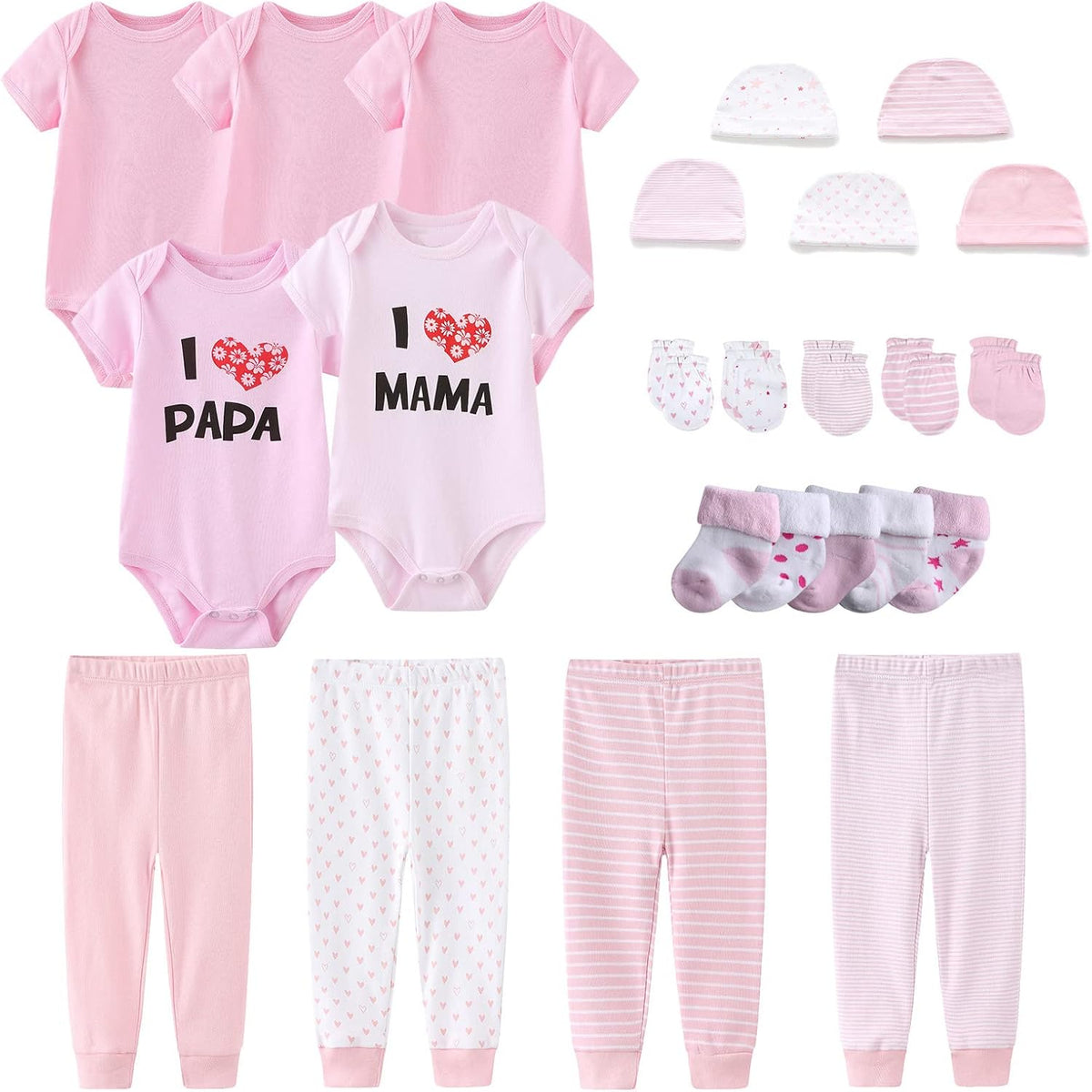 Newborn Layette Gift Set Bodysuits Pants for Baby Girl and Boy 24 Piece 100% Cotton Essentials and