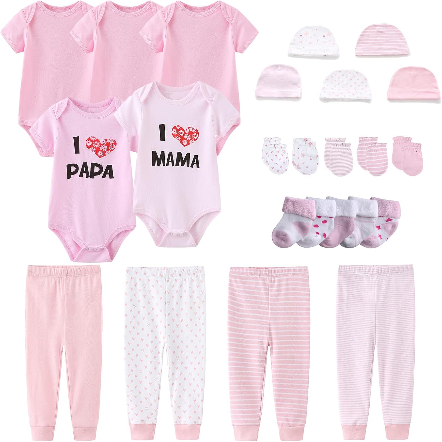 Newborn Layette Gift Set Bodysuits Pants for Baby Girl and Boy 24 Piece 100% Cotton Essentials and