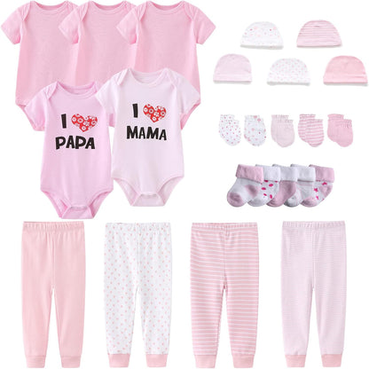 Newborn Layette Gift Set Bodysuits Pants for Baby Girl and Boy 24 Piece 100% Cotton Essentials and