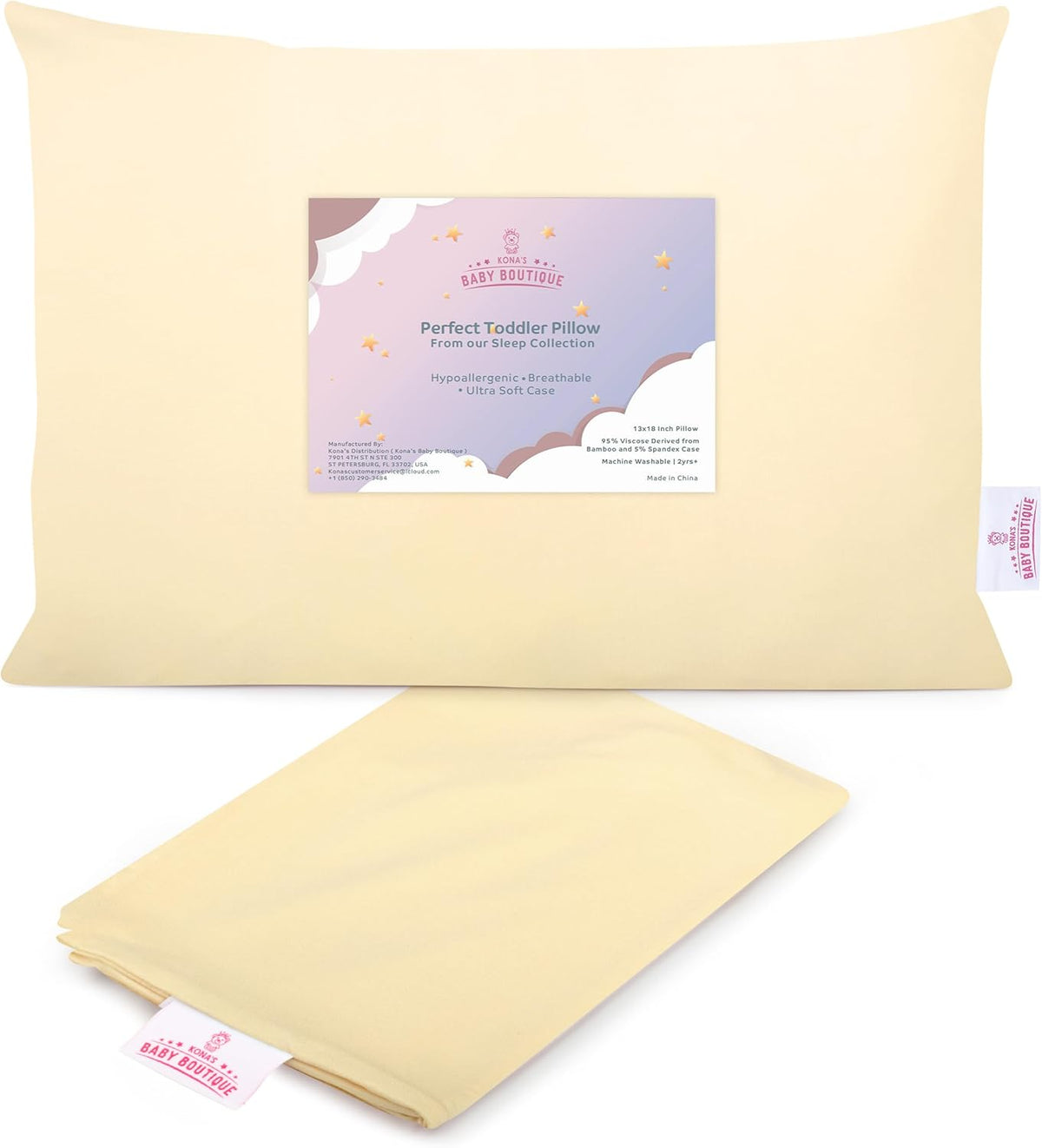 Creamy Yellow - Kona's Perfect Toddler Pillow with Softest Toddler Pillowcase - 13 x 18 inch