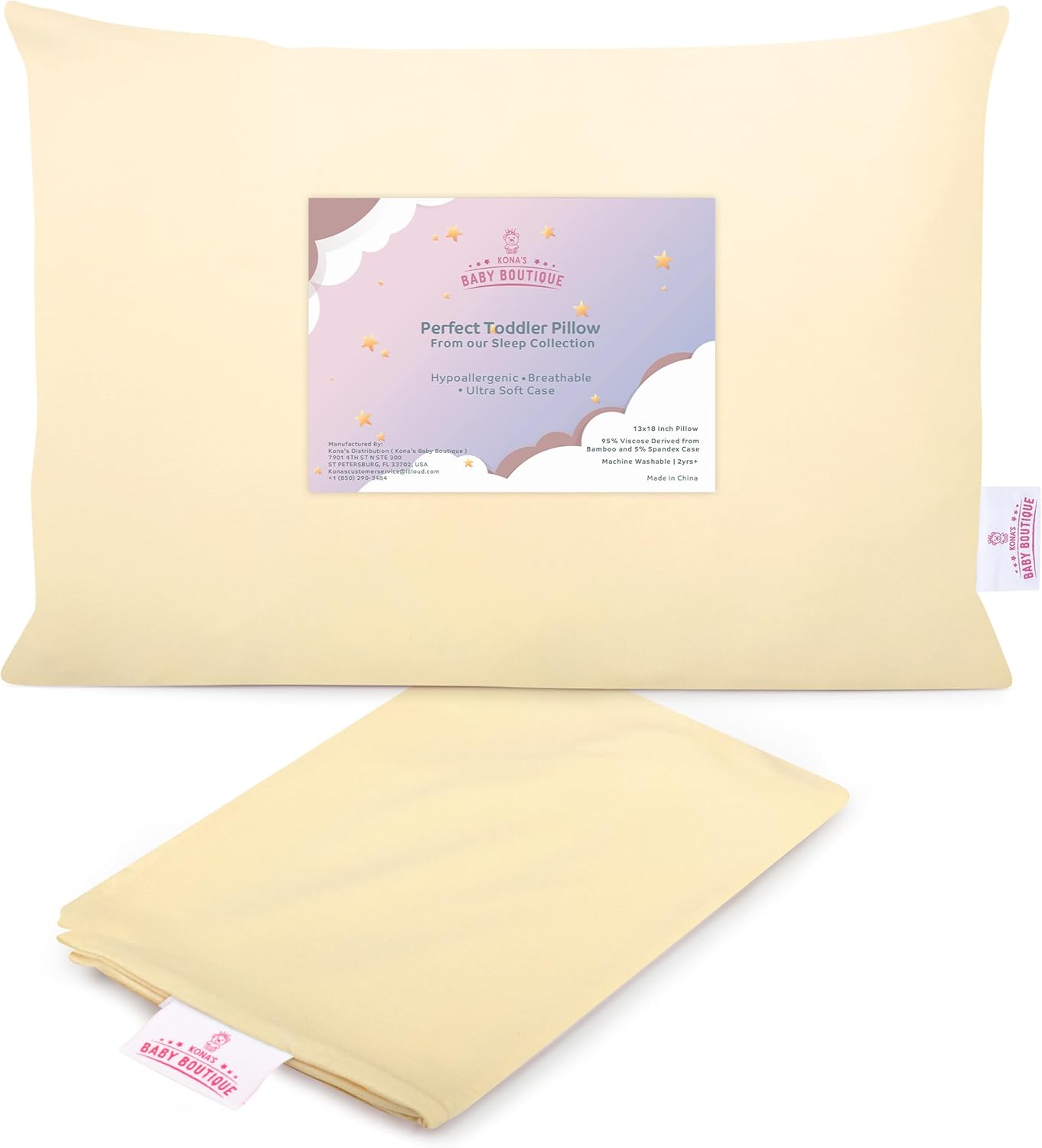 Creamy Yellow - Kona's Perfect Toddler Pillow with Softest Toddler Pillowcase - 13 x 18 inch