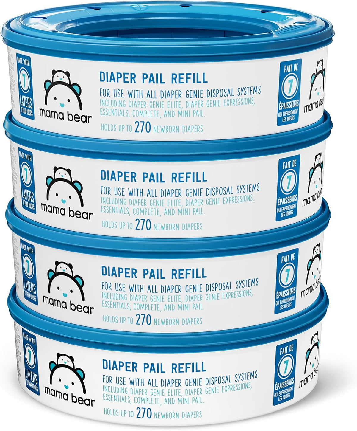 Amazon Brand - Mama Bear Diaper Pail Refills for Diaper Genie Pails, Unscented, 1080 Count (4 Packs