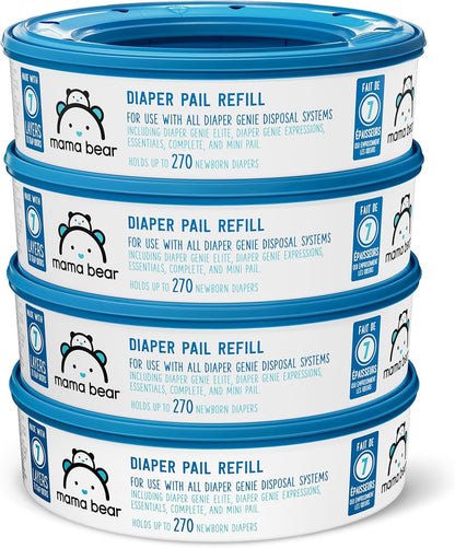Amazon Brand - Mama Bear Diaper Pail Refills for Diaper Genie Pails, Unscented, 1080 Count (4 Packs