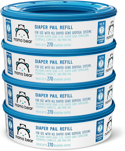 Amazon Brand - Mama Bear Diaper Pail Refills for Diaper Genie Pails, Unscented, 1080 Count (4 Packs