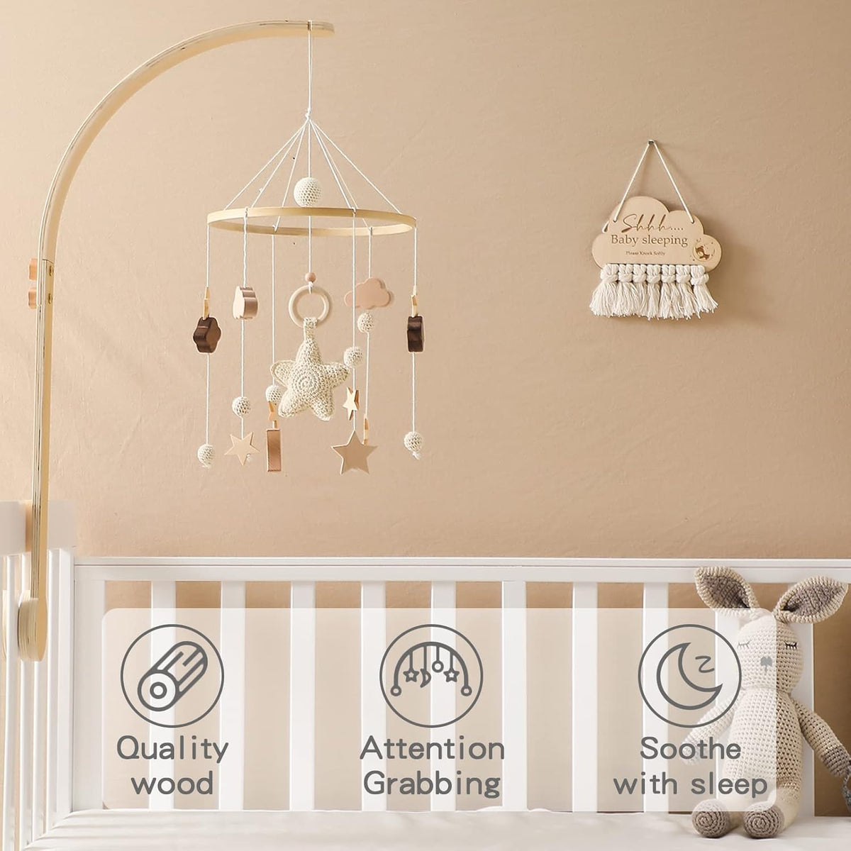 Baby Crib Mobile with Arm Boho Star Moon Nursery Mobile Set Wooden Baby Mobile Holder for Hanging