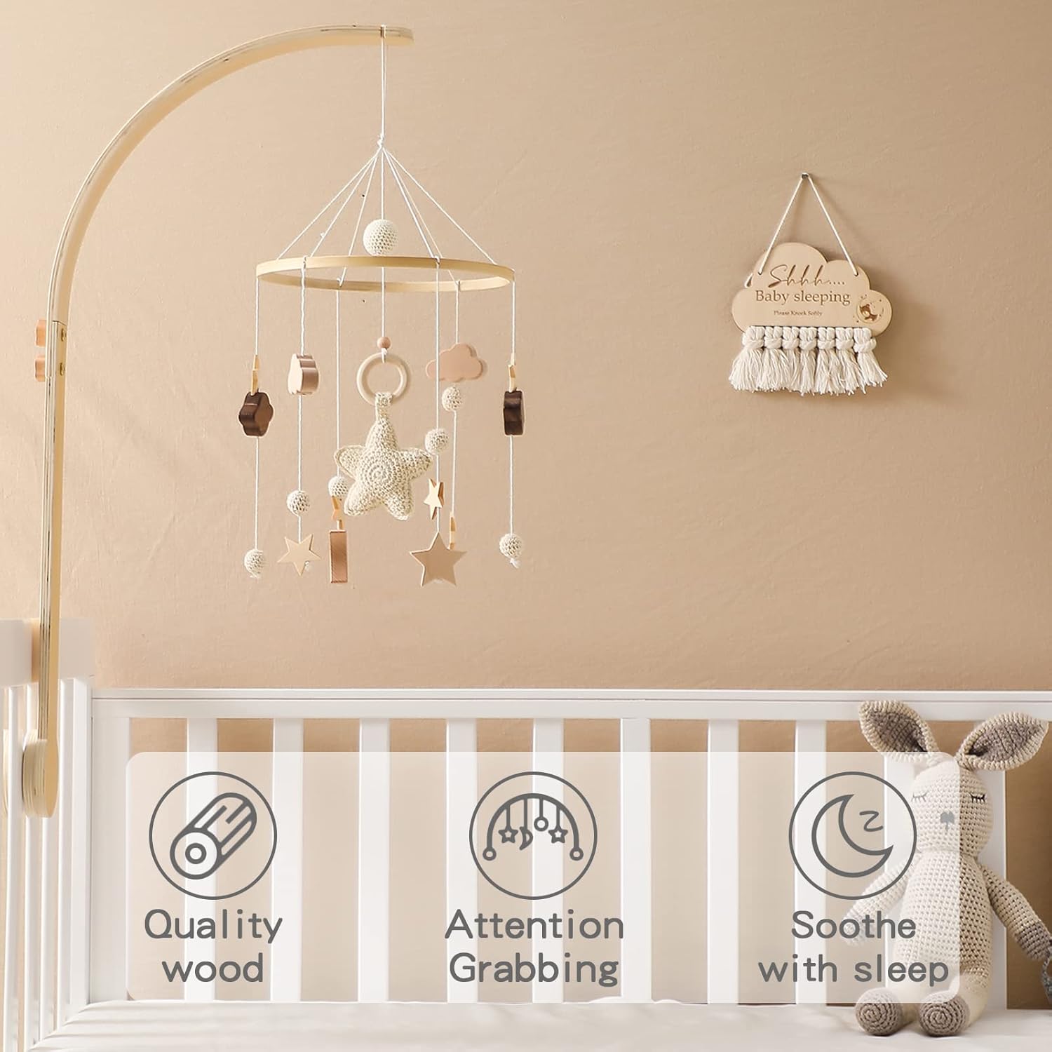 Baby Crib Mobile with Arm Boho Star Moon Nursery Mobile Set Wooden Baby Mobile Holder for Hanging