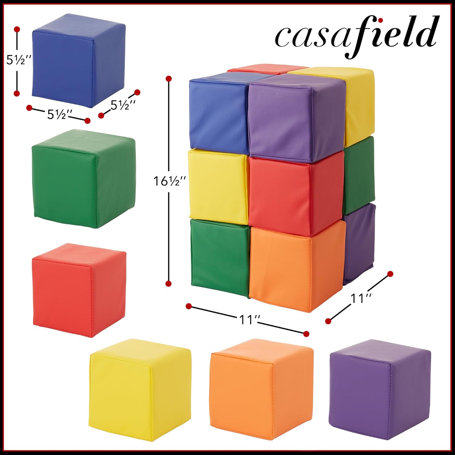 Casafield Toddler Foam Building Blocks (12-Piece Set), 5.5" x 5.5" Soft Play Colorful Kids Stacking