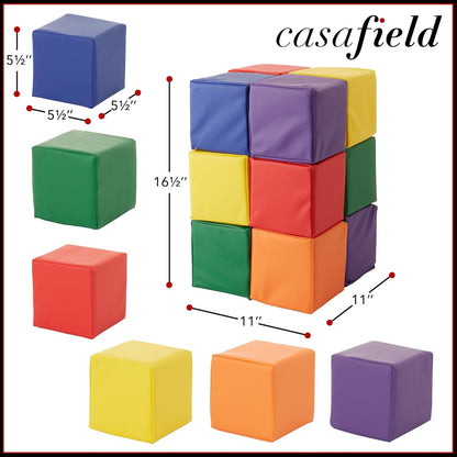 Casafield Toddler Foam Building Blocks (12-Piece Set), 5.5" x 5.5" Soft Play Colorful Kids Stacking