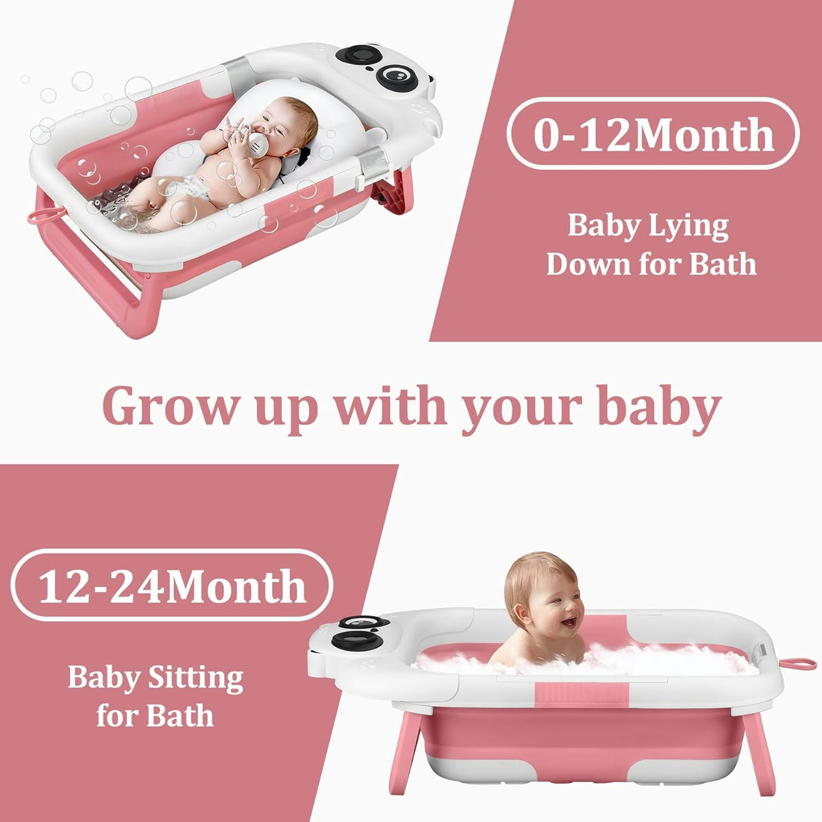 Foldable Baby Bathtub, Lightweight Bathtub for Infants to Toddlers with Soft Cushion & Thermometer