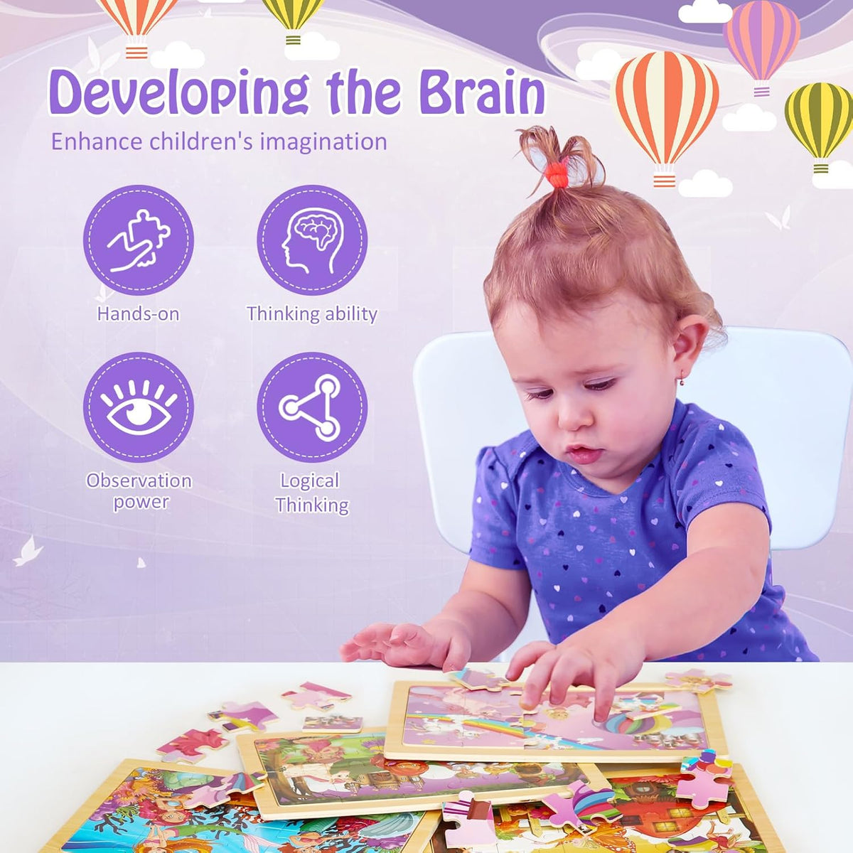 Wooden Puzzles Toys for Kids Ages 3-5, Set of 4 Packs with 20-Piece Unicorn Mermaid Princess Wood