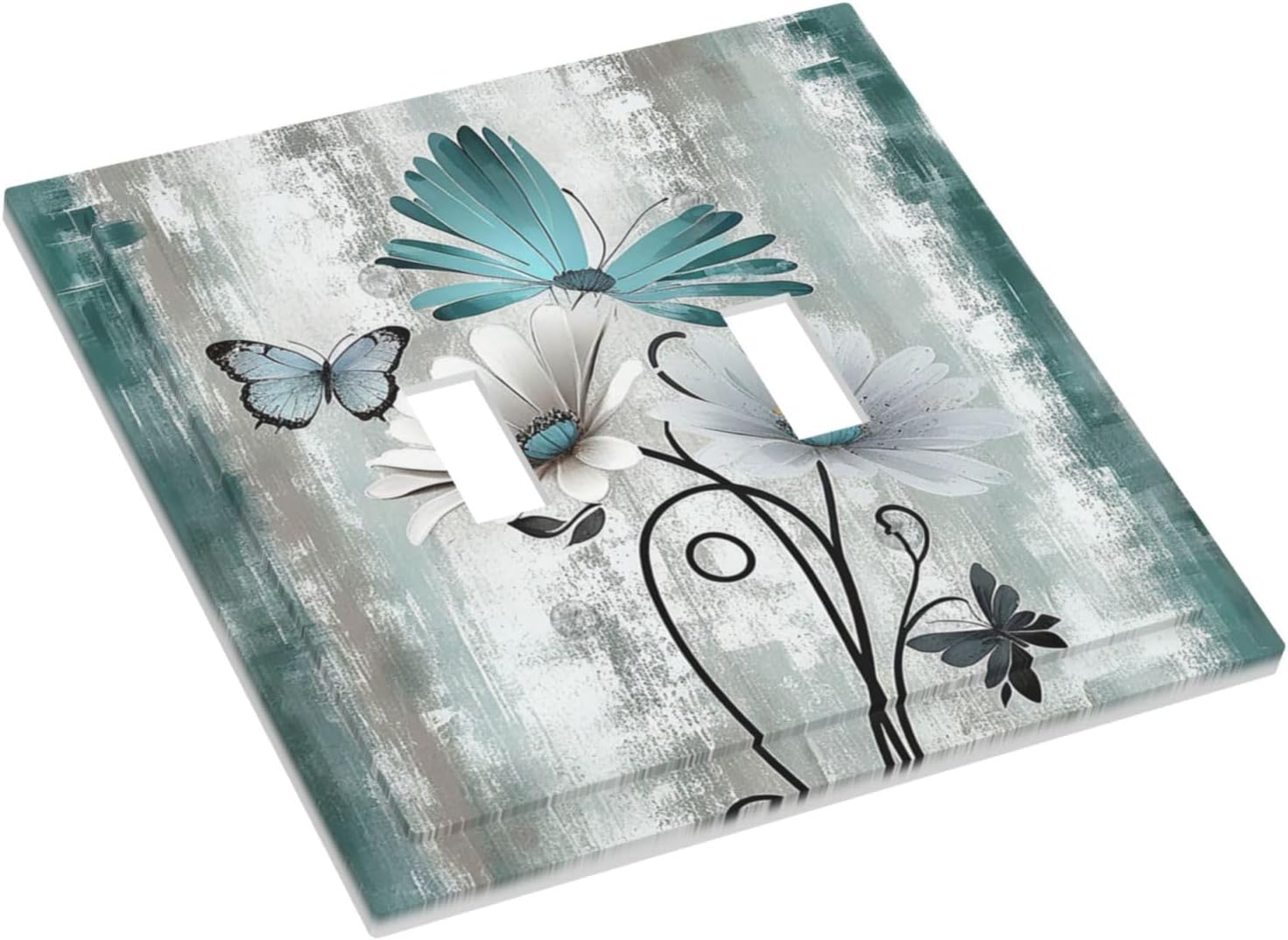 Decorative Switch Plates Rustic Teal Daisy Floral Flowers Butterfly Wood Grain 2 Gang Double Toggle
