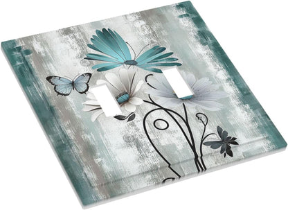Decorative Switch Plates Rustic Teal Daisy Floral Flowers Butterfly Wood Grain 2 Gang Double Toggle
