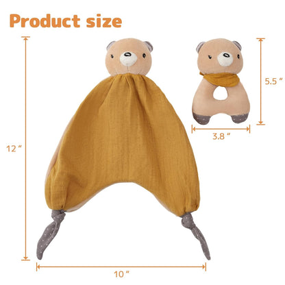 Organic Cotton Stuffed Animal Rattle Baby Toys, Plush Bear Cuddle Cloth and Hand Grip Ring Rattles
