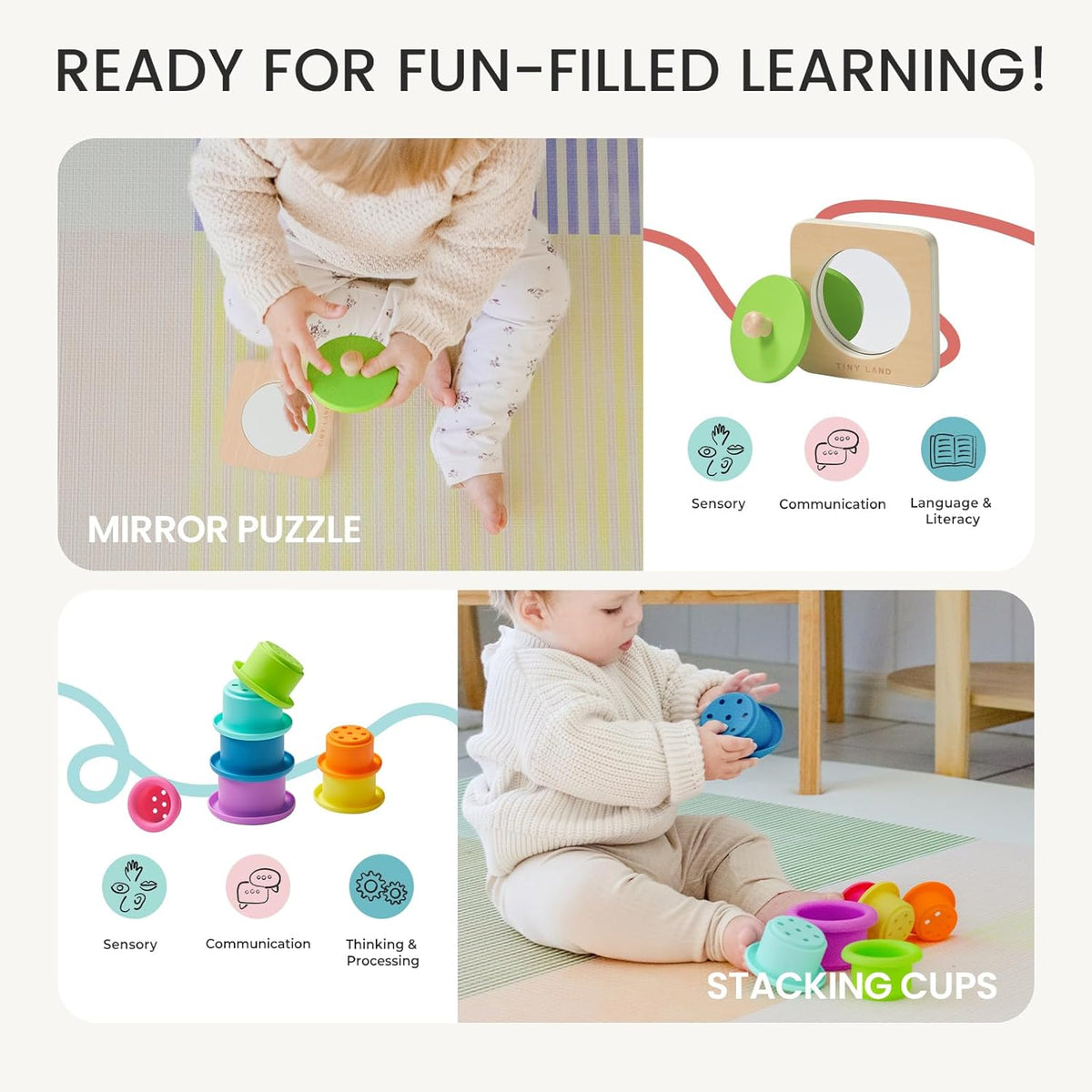 Tiny Land Montessori Toy Set for Babies 7-9 Months Senser Play Kit - 5-in-1 Wooden Learning Toys
