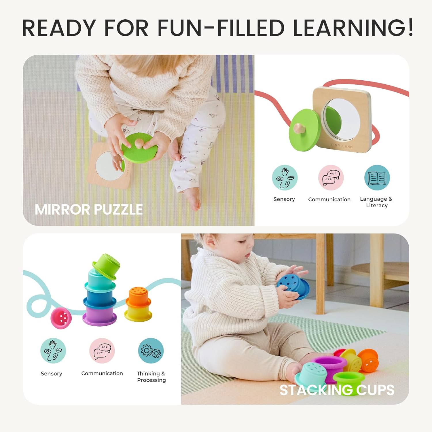 Tiny Land Montessori Toy Set for Babies 7-9 Months Senser Play Kit - 5-in-1 Wooden Learning Toys