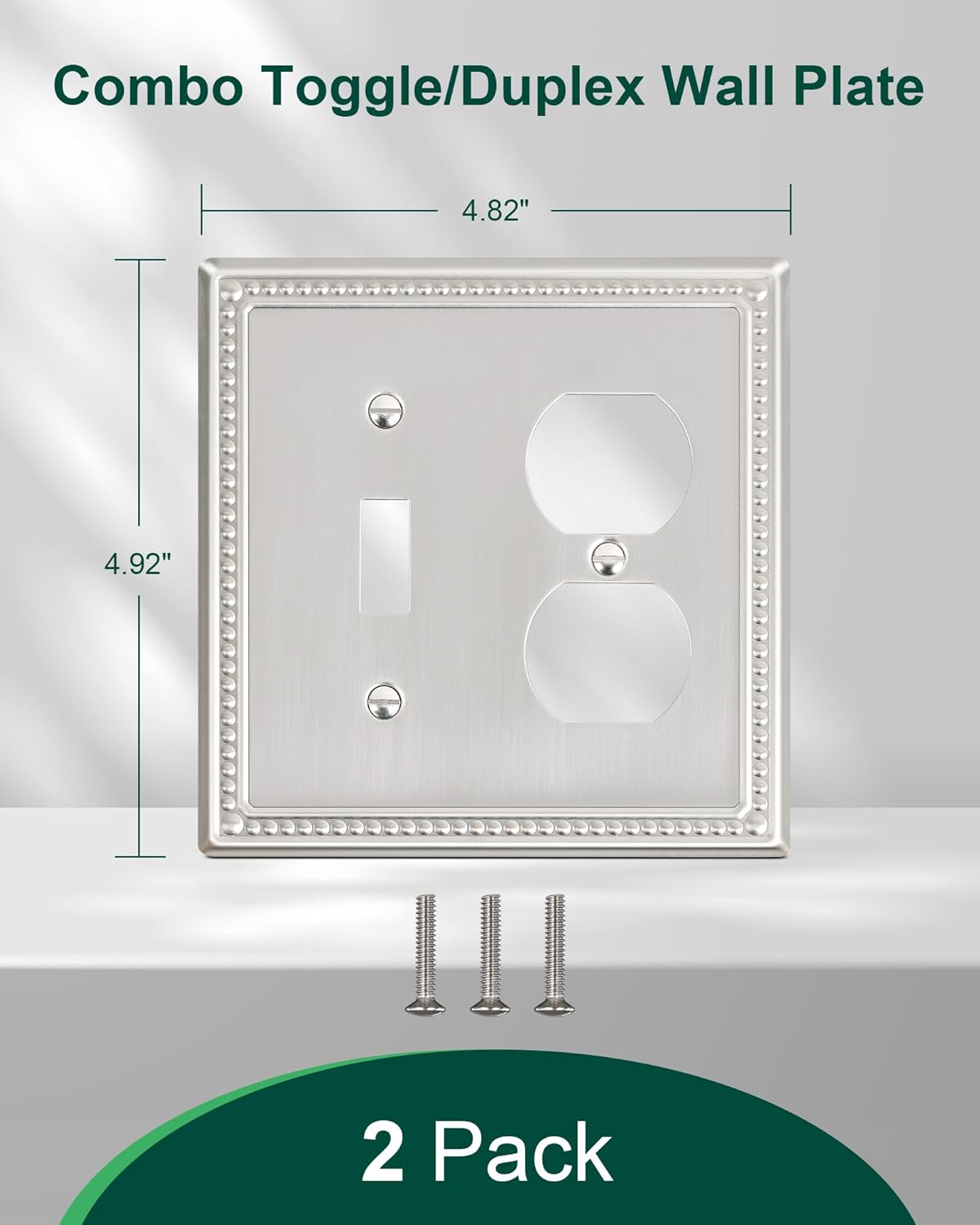 2-Pack Combo Toggle/Duplex Light Switch Cover Plate, Brushed Nickel Metal Wall Outlet Cover
