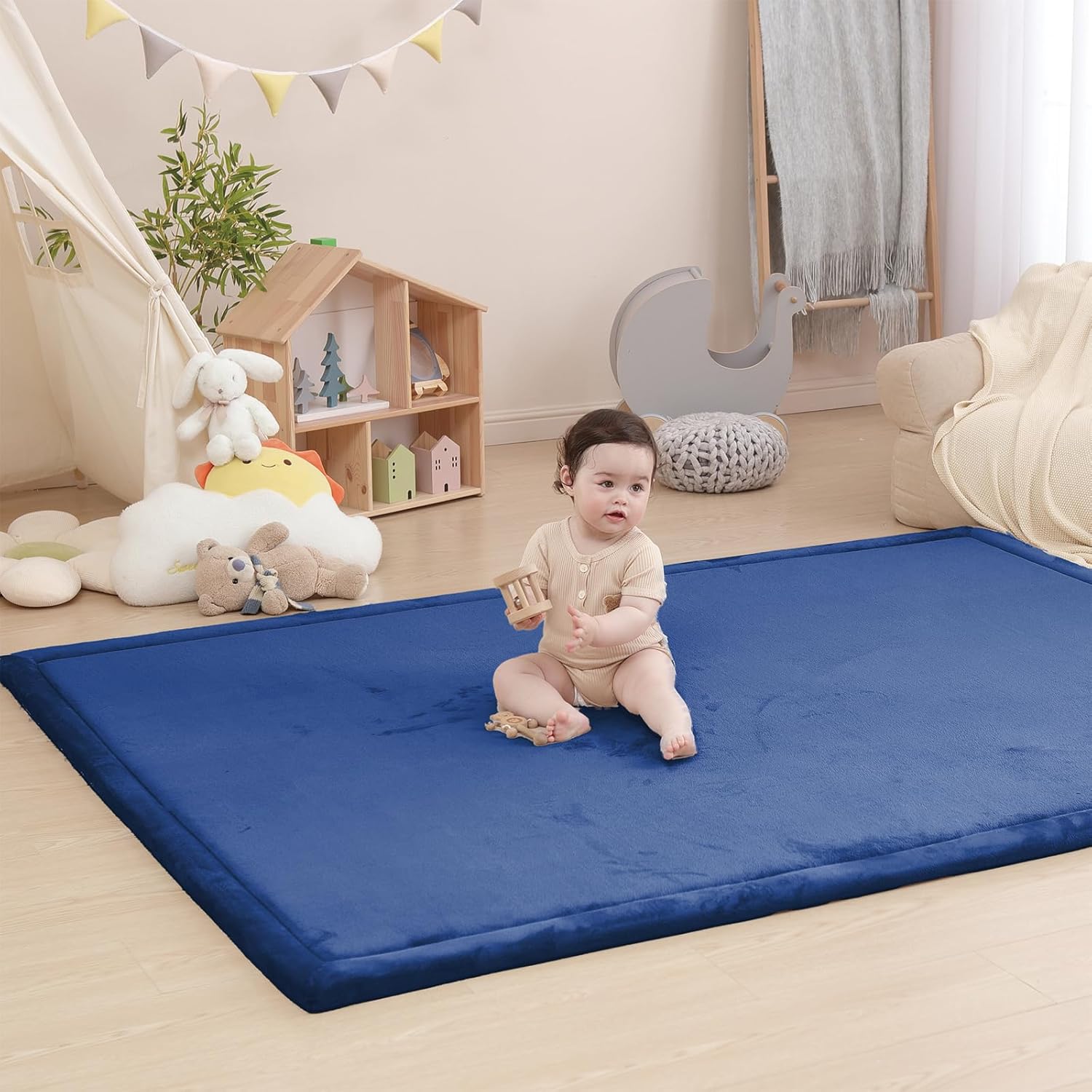 Baby Play Mat for Floor,1.3" Thick Memory foam Tummy Time Mat,Soft Coral Velvet Nursery Rug,Extra