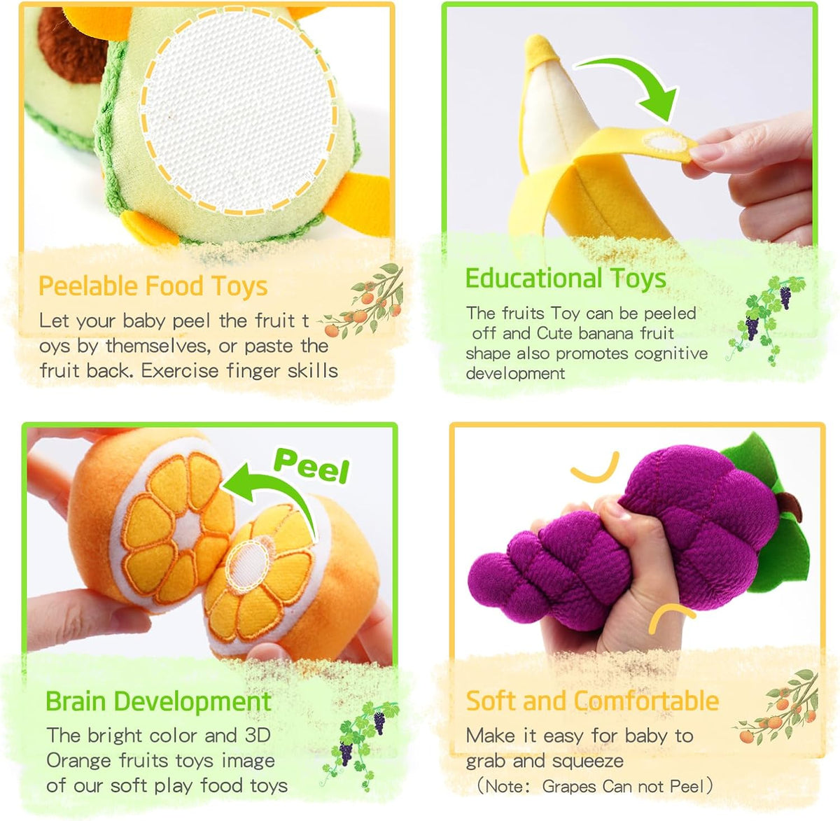 Play Food for Toddler 1-3, Plush Pretend Food Set with Sorting Fruit Basket, Baby Sensory Toys 6-12