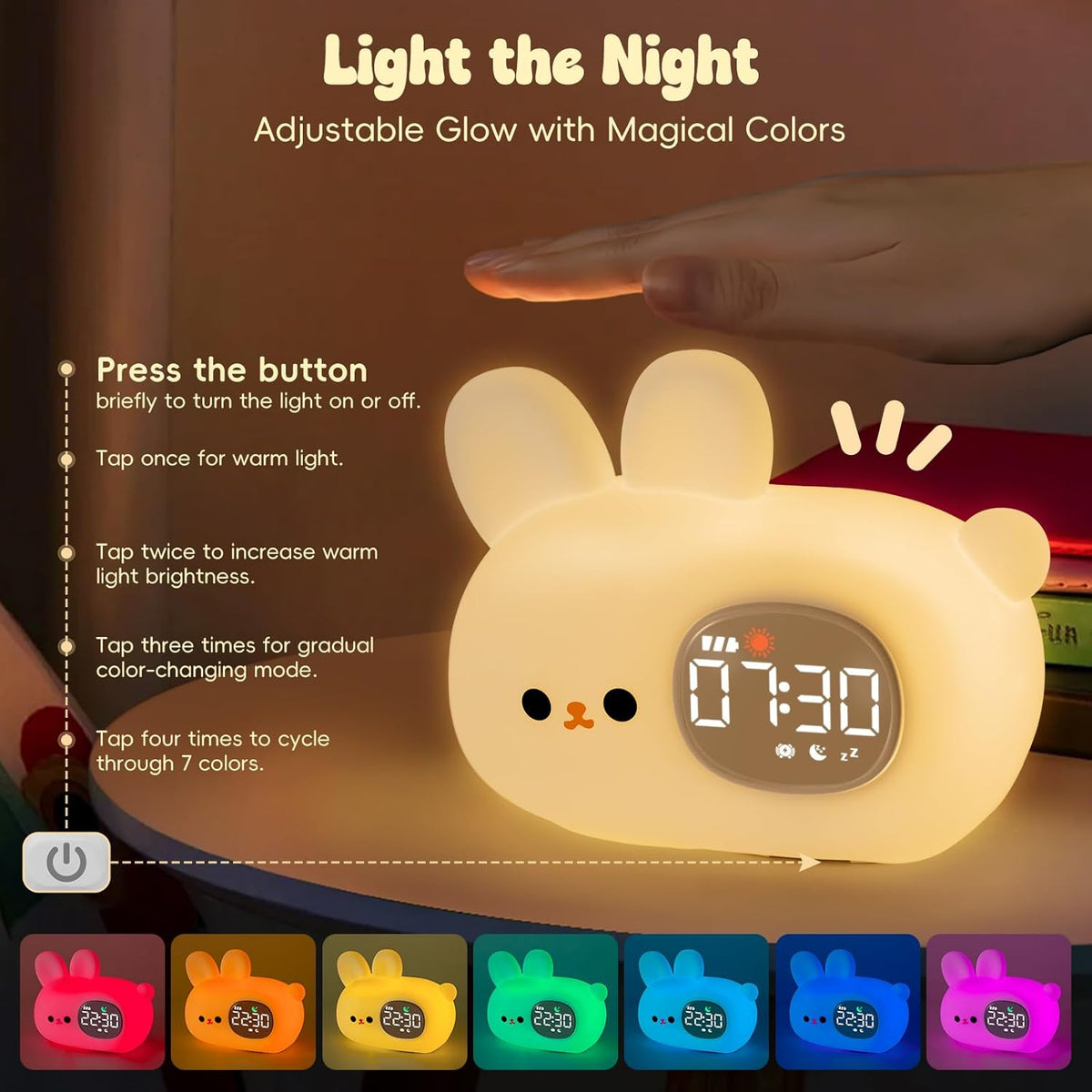 Bunny Alarm Clock with Night Light for Kids with Sleep Training and Sound Machine, Rechargeable