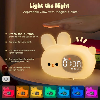 Bunny Alarm Clock with Night Light for Kids with Sleep Training and Sound Machine, Rechargeable