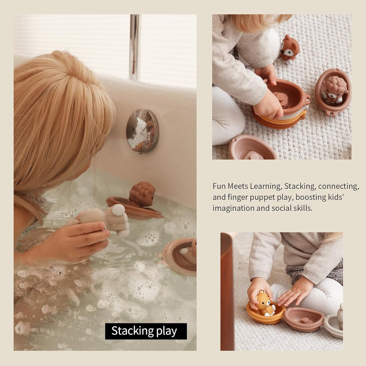 Nueplay Bathtub Toys for Toddlers 18M+，Baby Bath Toys with Animal Finger Puppets， Stackable Boat