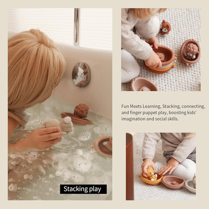 Nueplay Bathtub Toys for Toddlers 18M+，Baby Bath Toys with Animal Finger Puppets， Stackable Boat