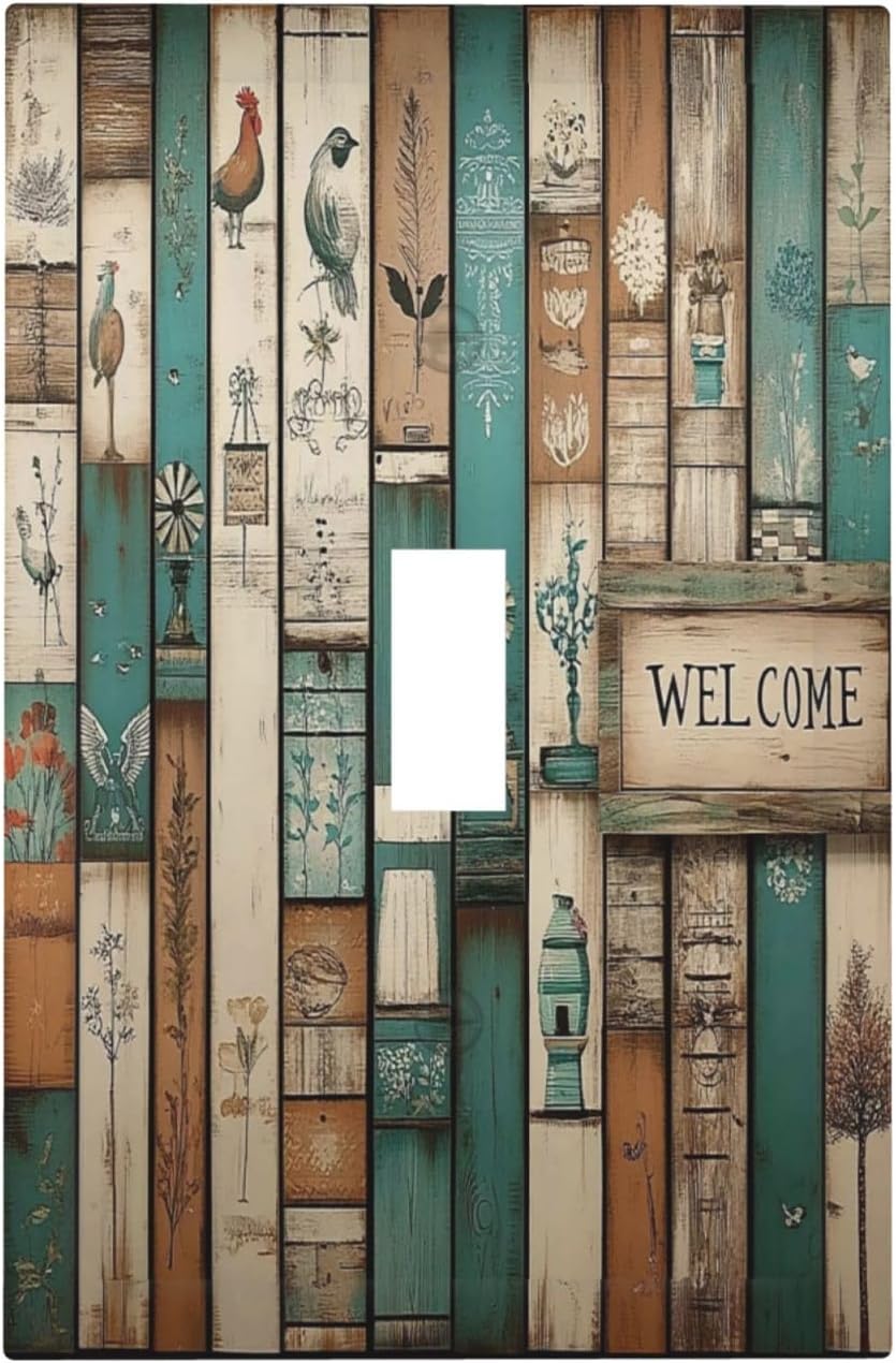 Decorative Light Switch Cover Vintage Wood Brown Turquoise Splicing 1 Gang Single Toggle Device