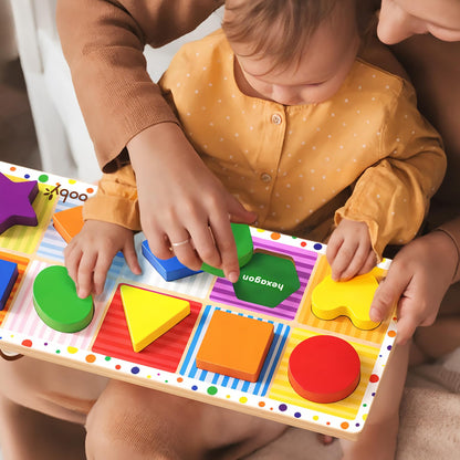 Dailyfunn Wooden Geometric Shape Puzzle (10 pcs) Toddler Puzzles for Ages 1-3 Years Old 12-18-24