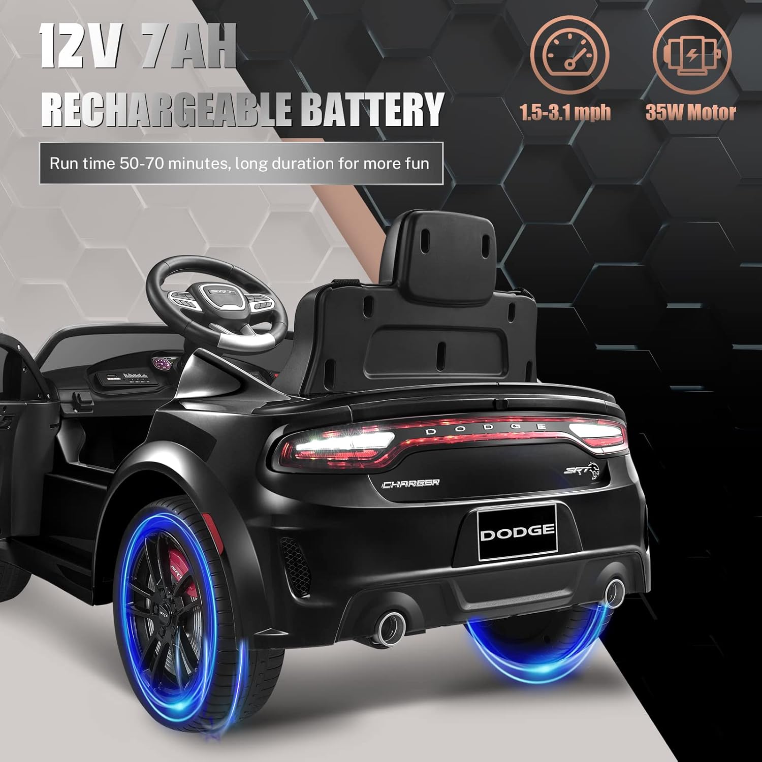 12V 7Ah Kids Electric Ride on Car, Licensed Dodge Charger SRT Hellcat, Battery Powered 4-Wheels Toy