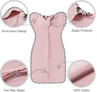 Transition Swaddle, 2 Pack 100% Cotton Baby Sleep Sack, 2-Way Zipper Infant Arm Up Swaddle for