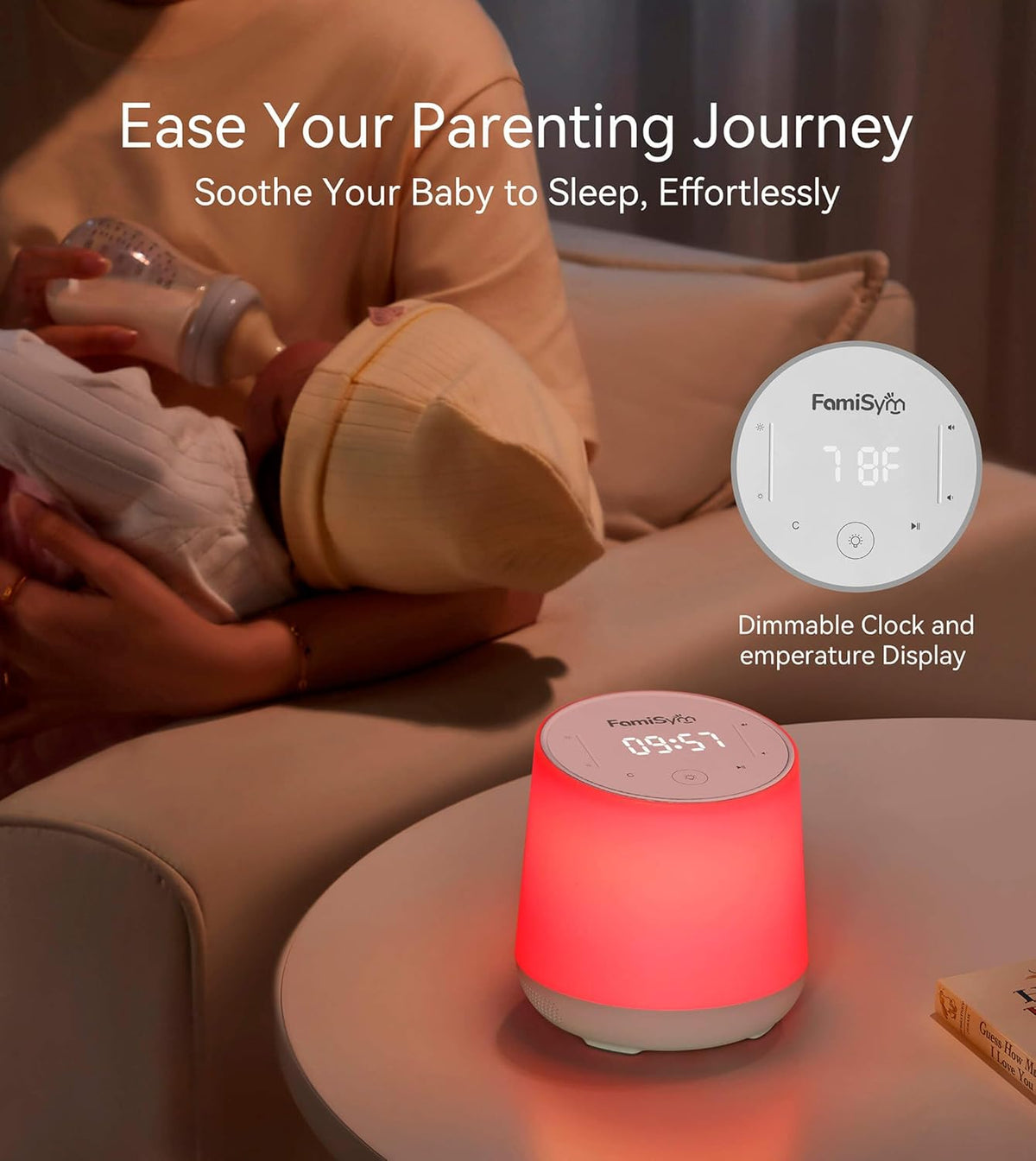 FamiSym White Noise Machine for Baby & Kids, Nursery Night Light & Alarm Clock, Dimmable Clock &
